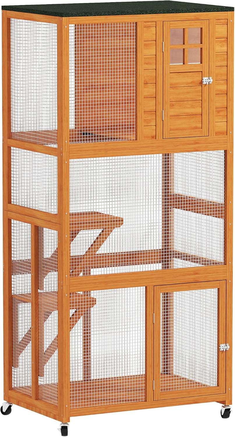 PawHut 74in Wooden Catio Outdoor Cat Enclosure for Cats