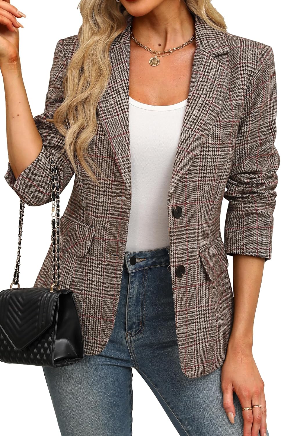 ELLEVEN Women's Lapel Collar Plaid Blazer for Stylish Office Wear