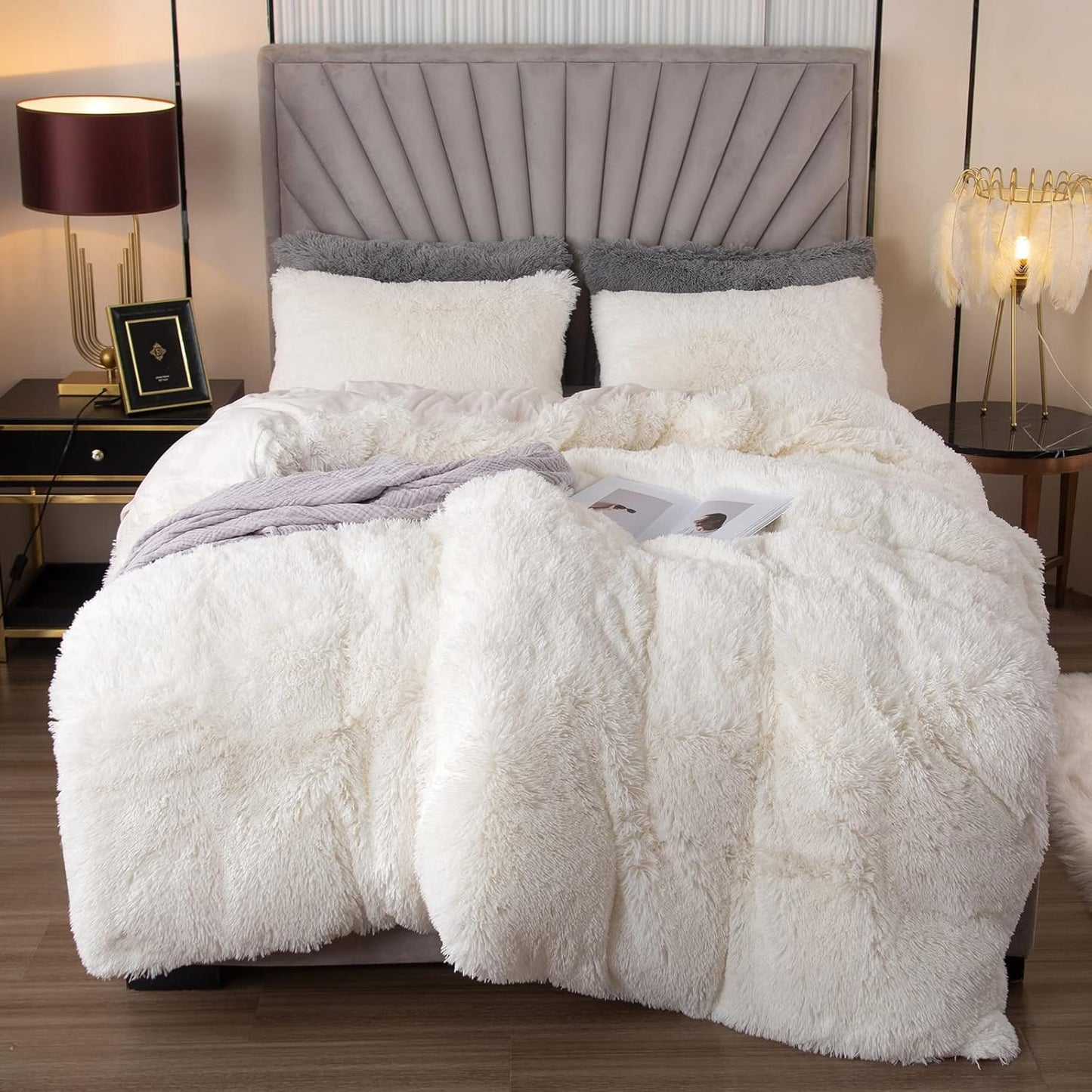 EMME Plush Shaggy White Duvet Cover Set for Twin Size Bedding