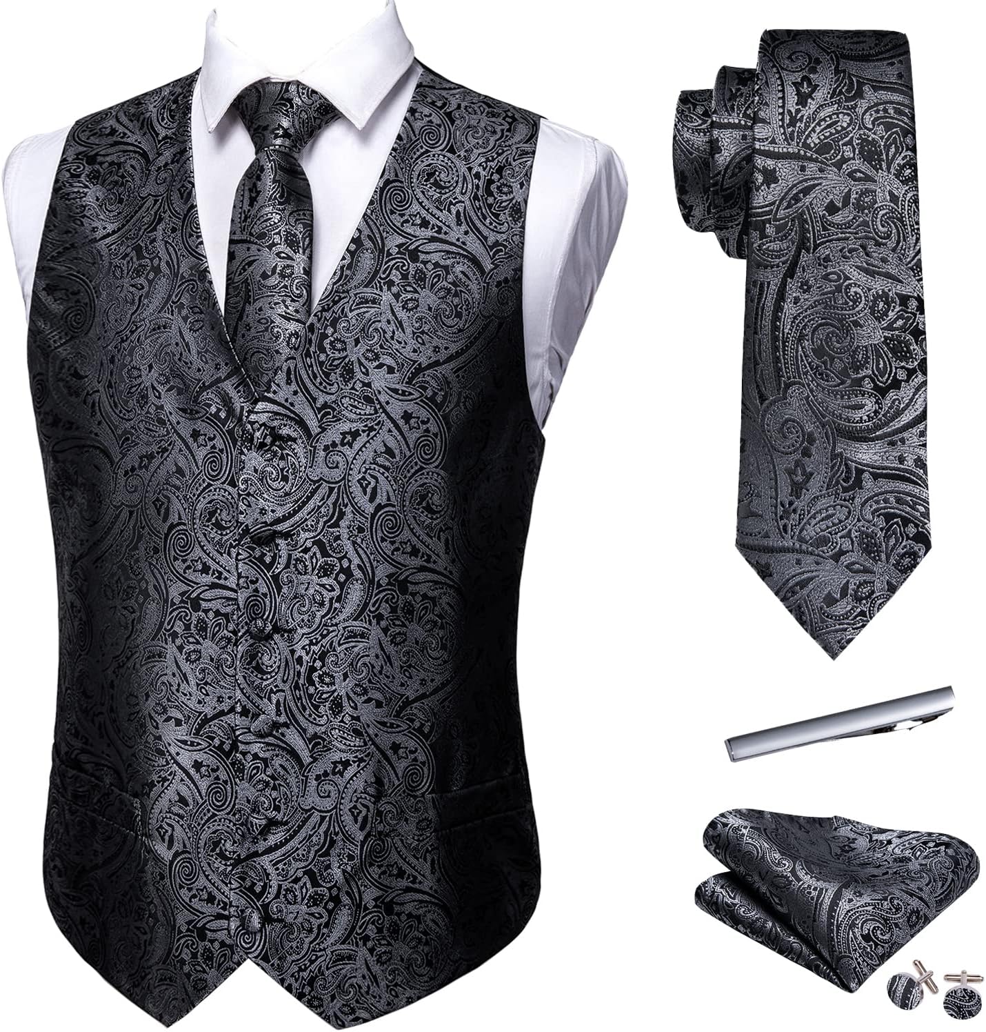 Barry.Wang Mens Suit Vest Set with Silk Jacquard Waistcoat & Tie