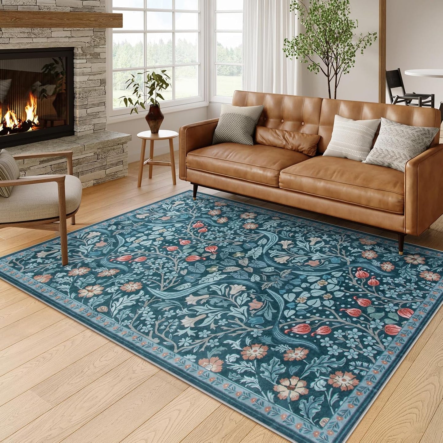 Moynesa Floral Washable Rug - Boho 5x7 Area Rug for Home