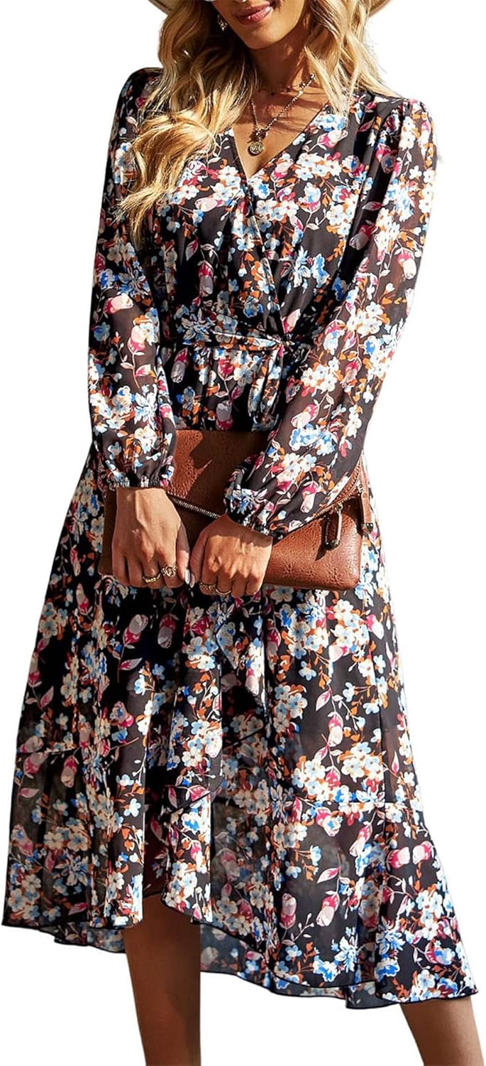 Floral Boho Maxi Dress for Women - Long Sleeve Wrap V Neck