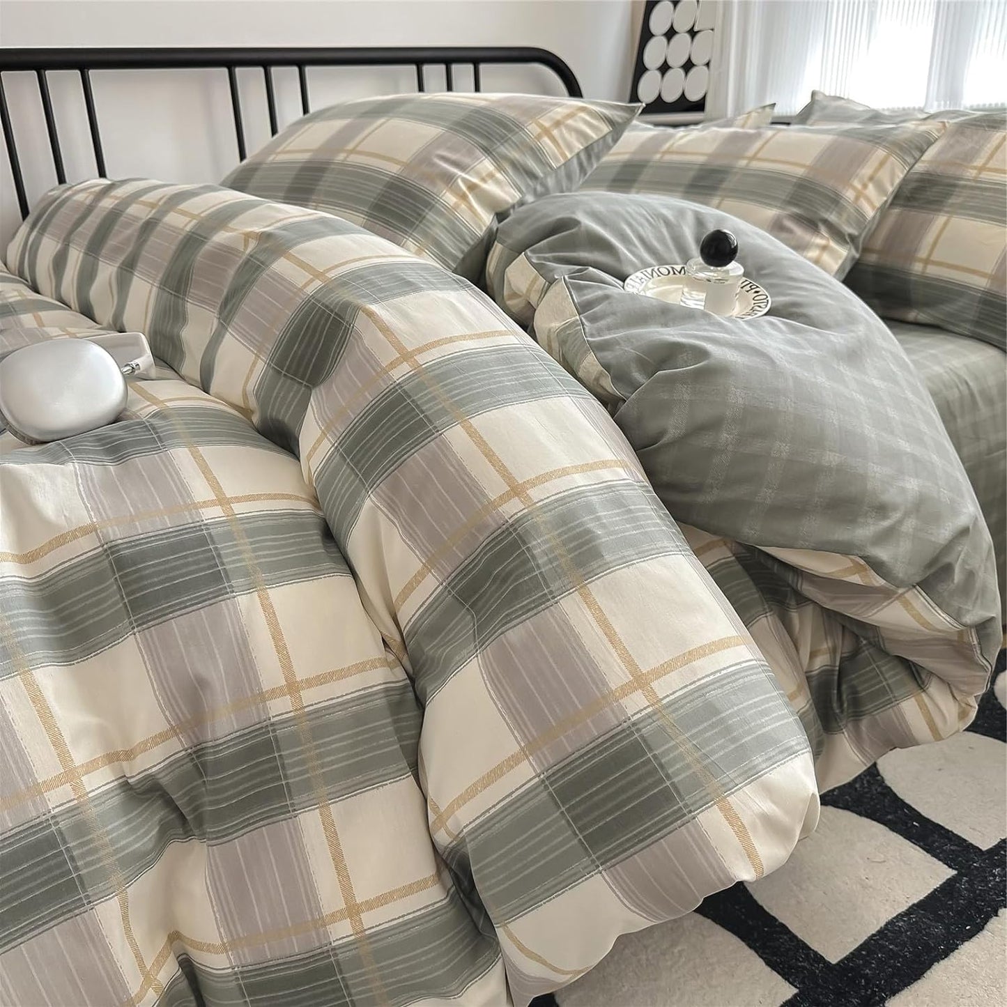Green Plaid Duvet Cover Set Queen - Modern Gingham Bedding