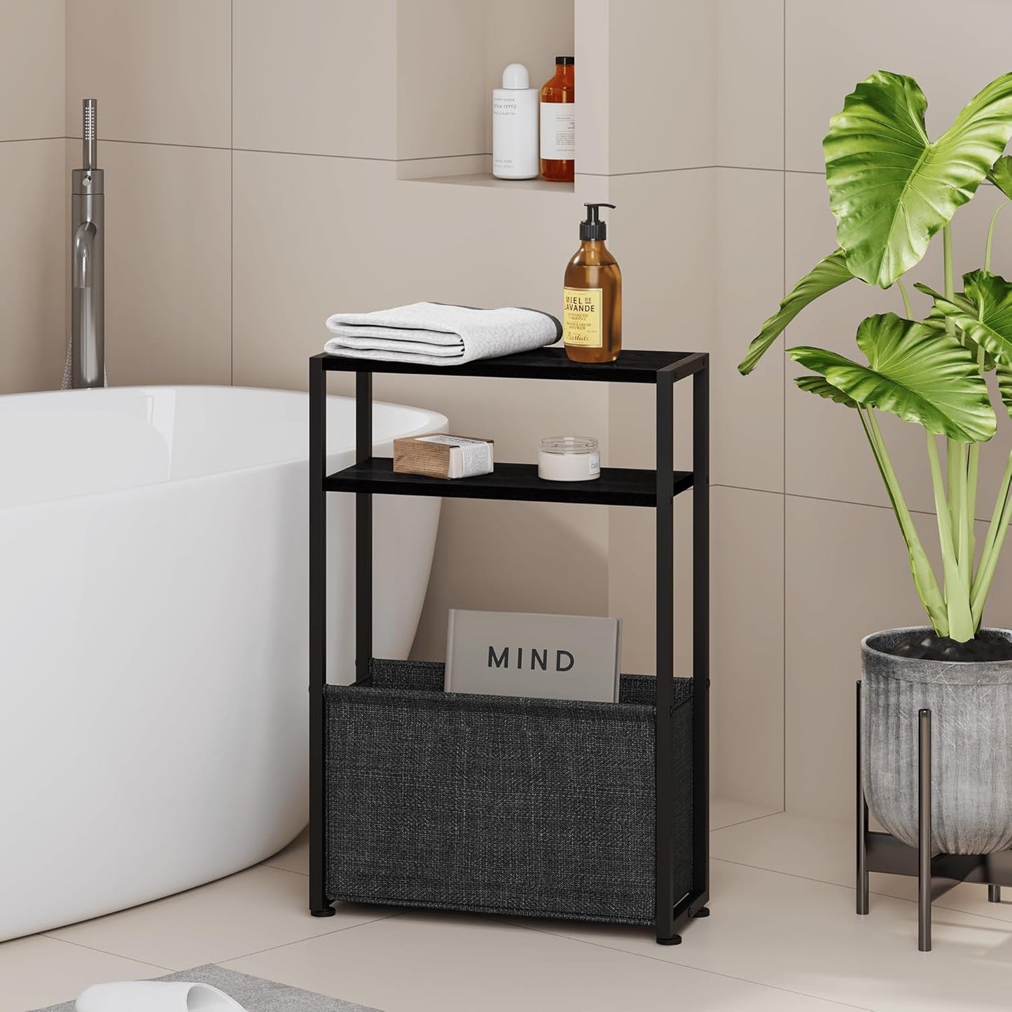 Narrow Side Table with Fabric Basket for Small Spaces