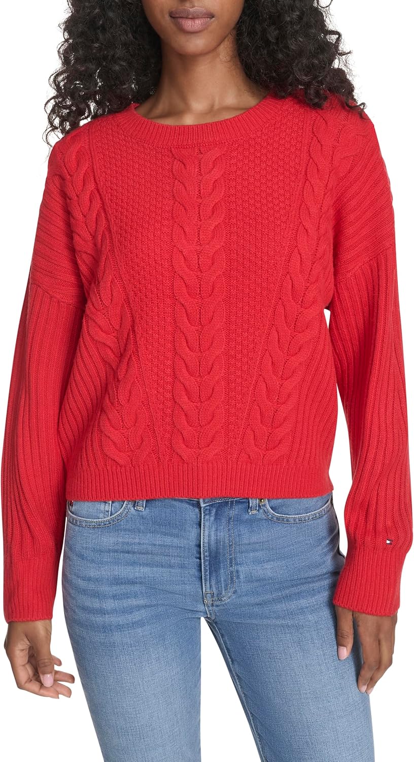 Tommy Hilfiger Womens Solid Cable Crewneck Pullover Sweater