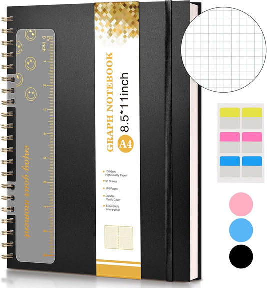 Spiral Graph Notebook 8.5x11 | 100 GSM Grid Paper | Durable Plastic Cover | Ideal for Work & School