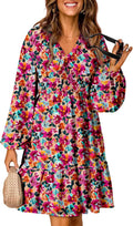 Boho Floral V Neck Long Sleeve Smocked Waist Mini Dress (Style 9QKB)