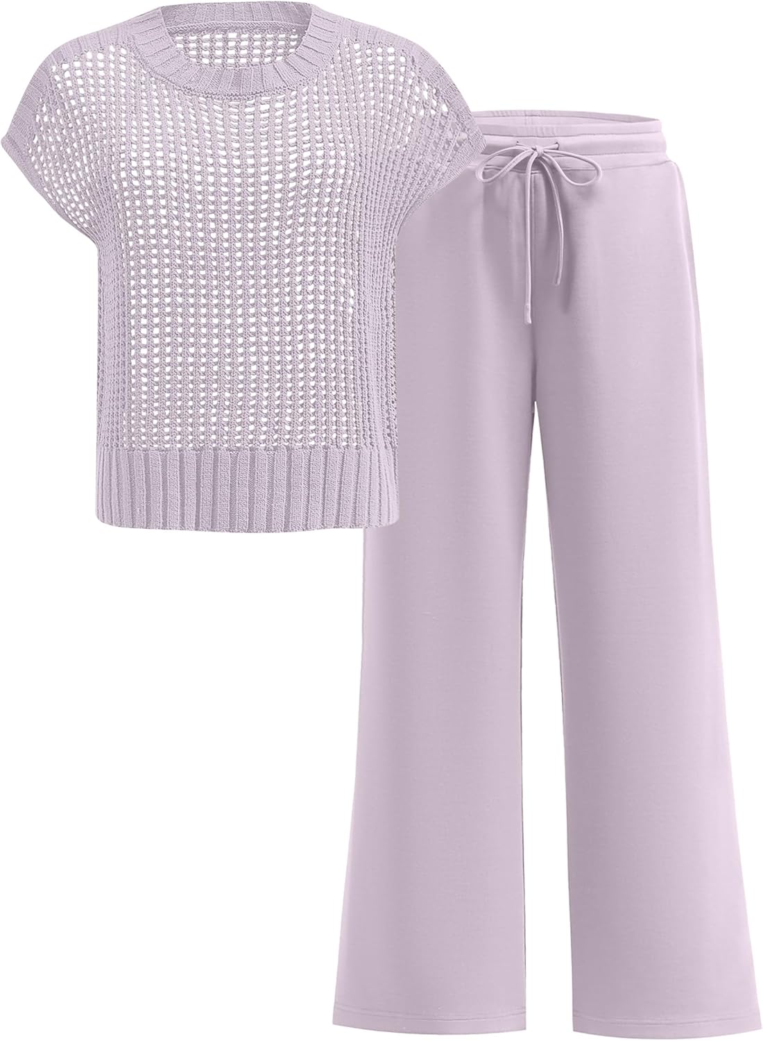 Women Two Piece Outfits Crochet Sheer Knit Sweater Top & Pants