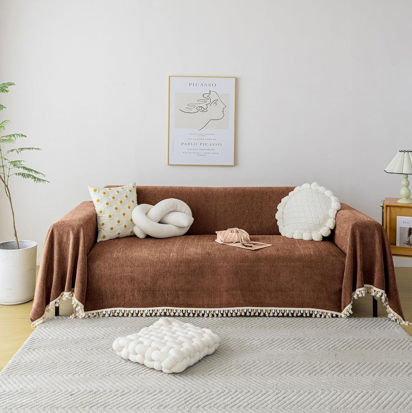 Boho Style Sofa Cover with Tassels for 3 Cushion Sofa