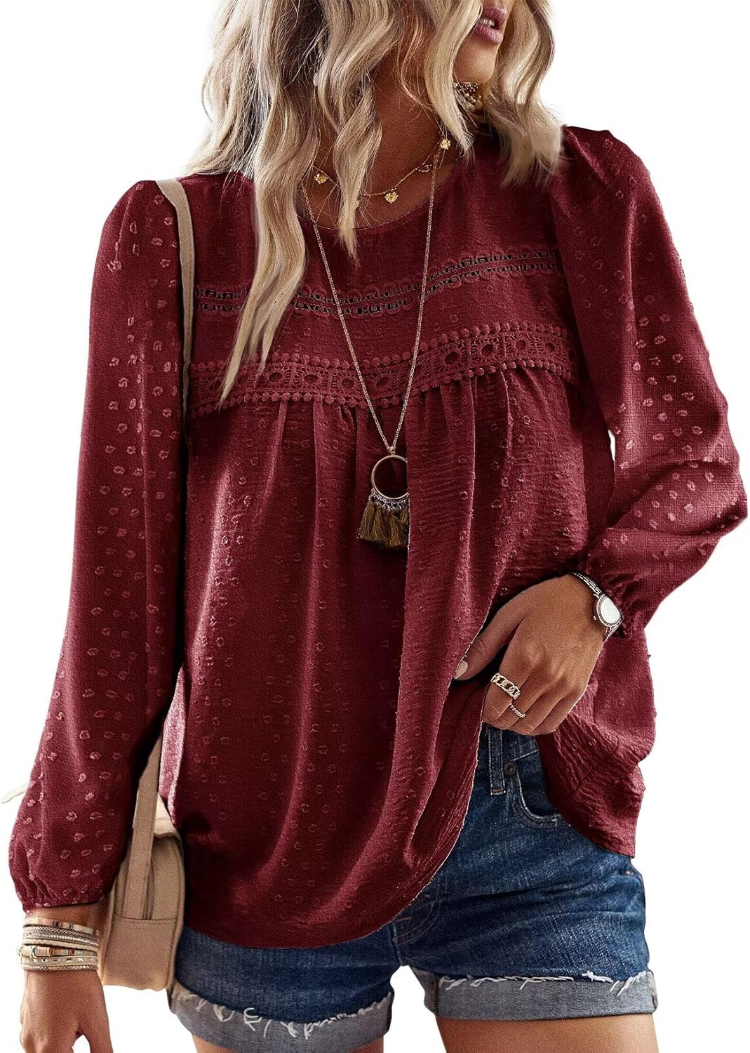 Womens Fall Tops Crewneck Long Sleeve Casual Chiffon Blouses