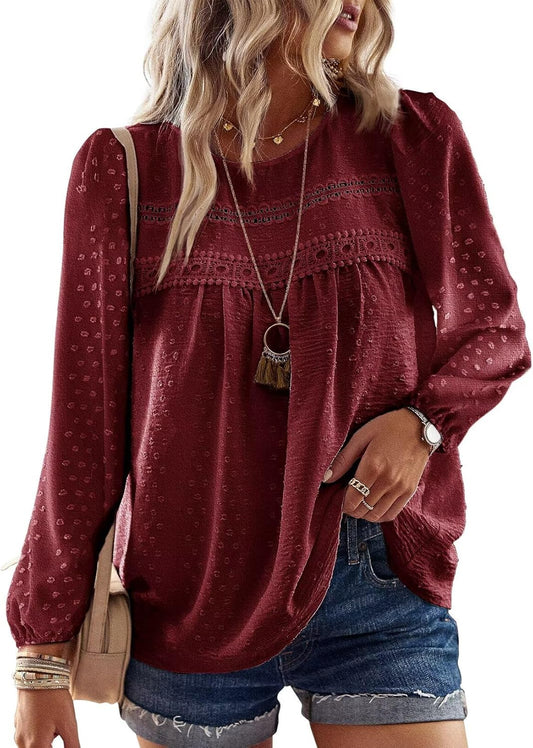 Womens Fall Tops Crewneck Long Sleeve Casual Chiffon Blouses