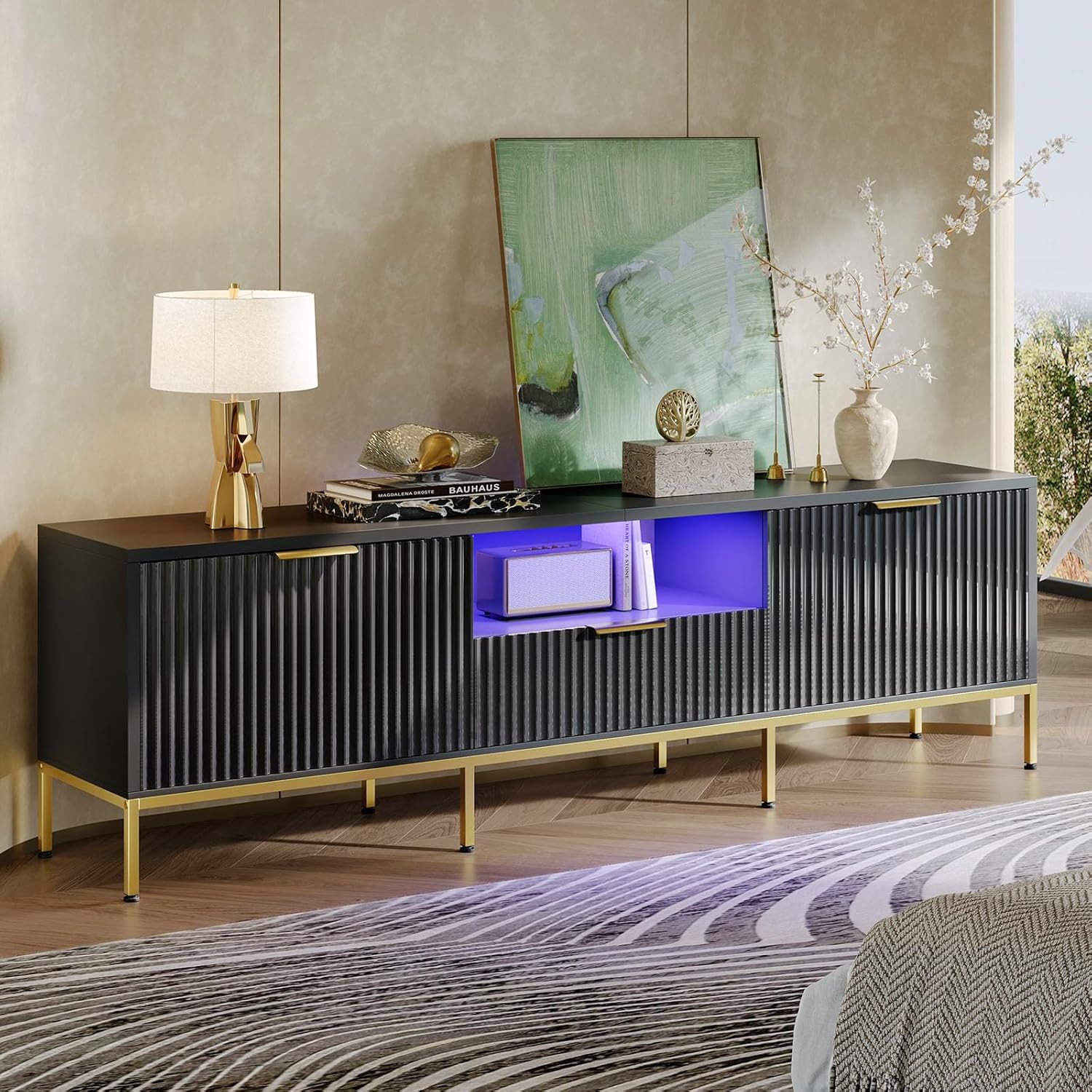 Modern Black TV Stand with LED Lights, Storage - Fits TVs Up to 80