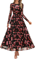 Women's Maxi Dress Long Sleeve Floral Mesh Ruched A-Line - Fall 2025