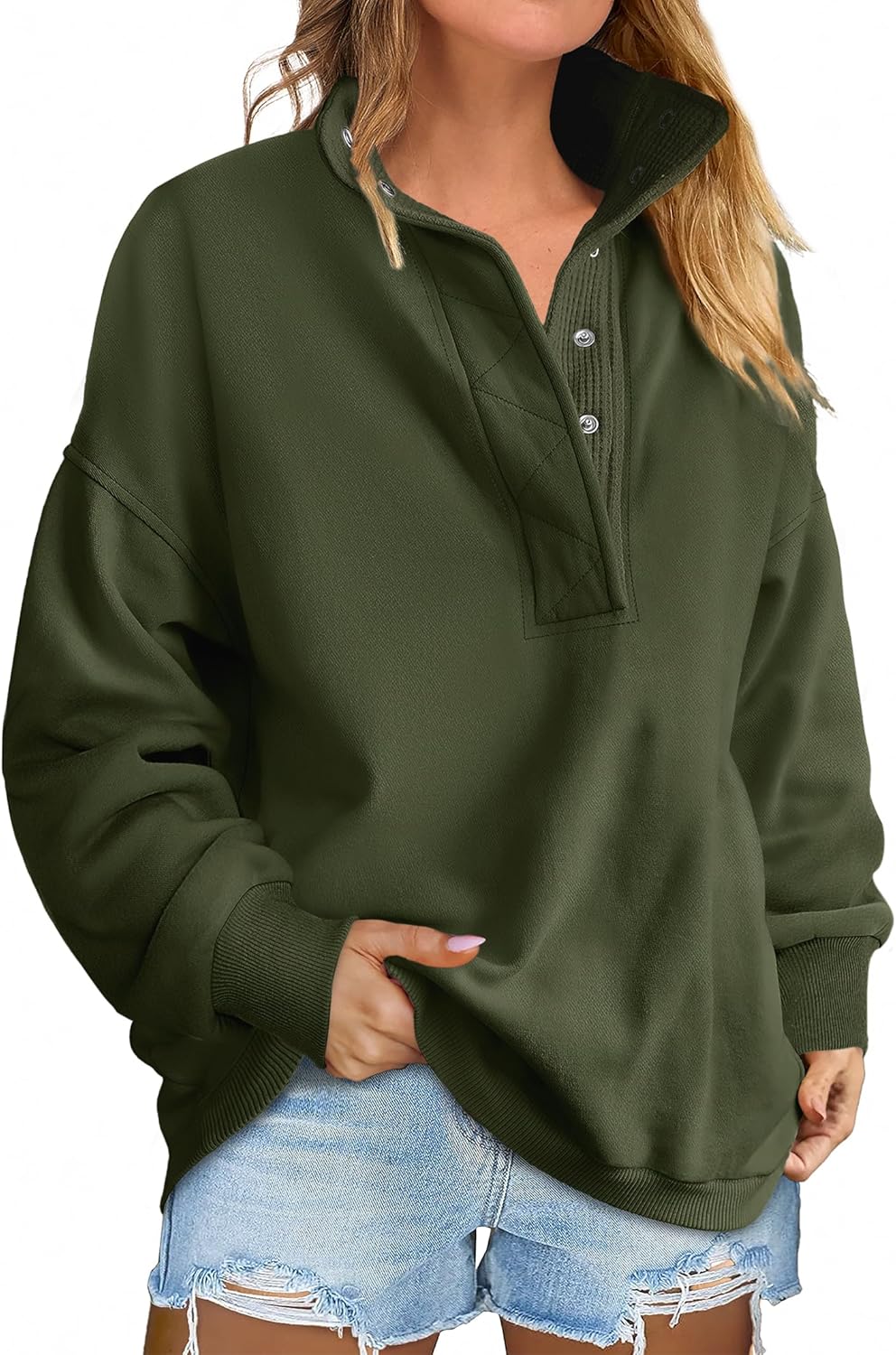 Oversized Sweatshirt for Women - Casual Henley Pullover Tops
