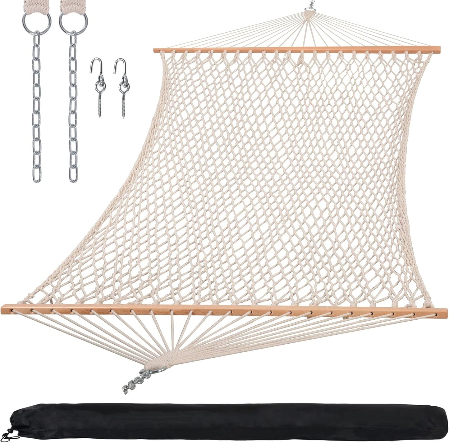 SUNCREAT Traditional Rope Double Hammock with Hardwood Spreader Bar