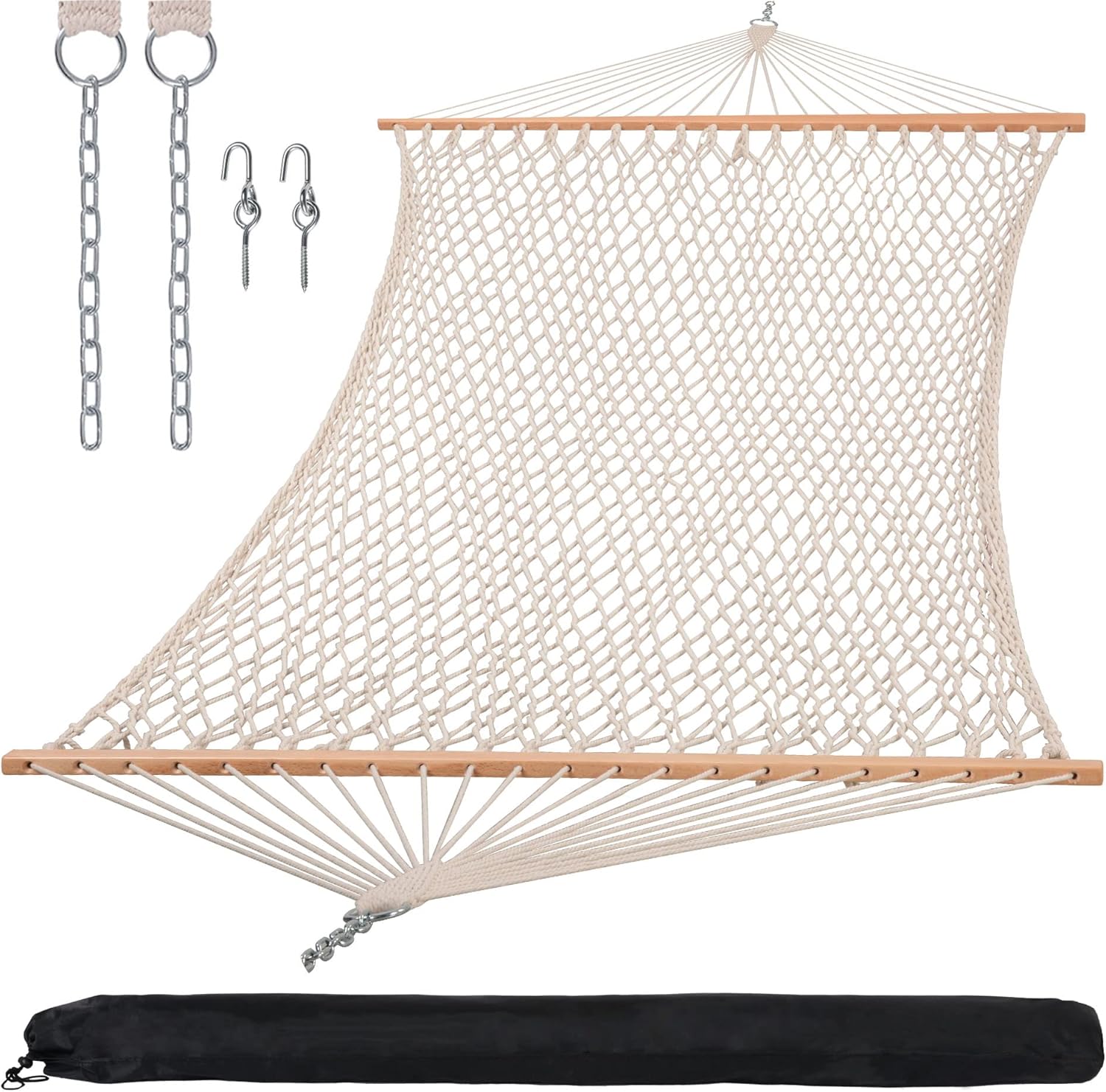 SUNCREAT Traditional Rope Double Hammock with Hardwood Spreader Bar