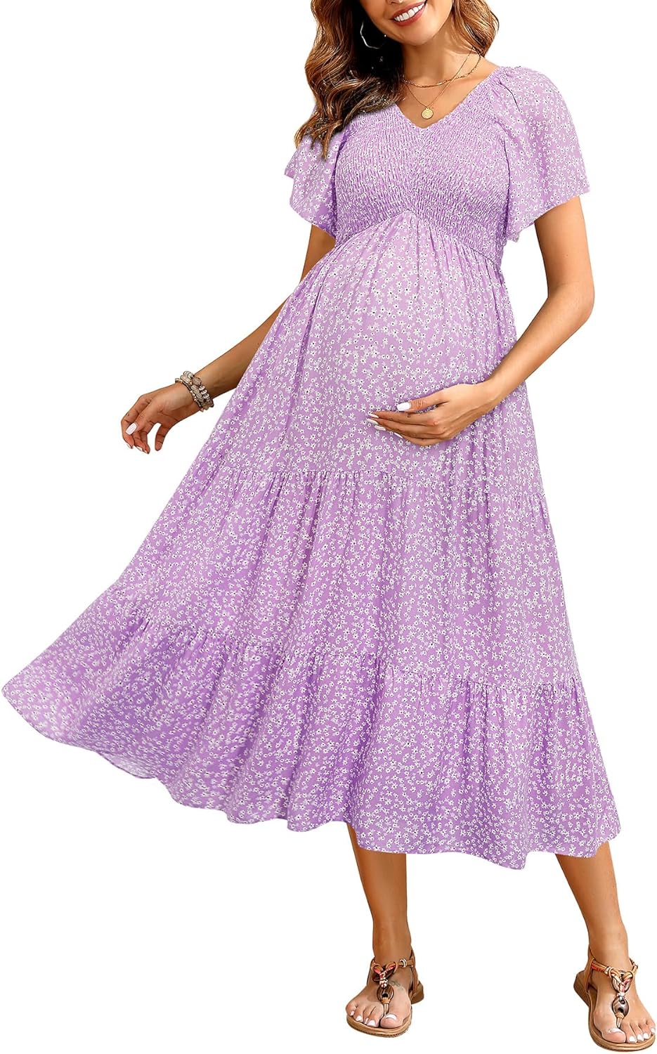 Maternity Dress for Baby Shower - Flutter Sleeve Midi Style