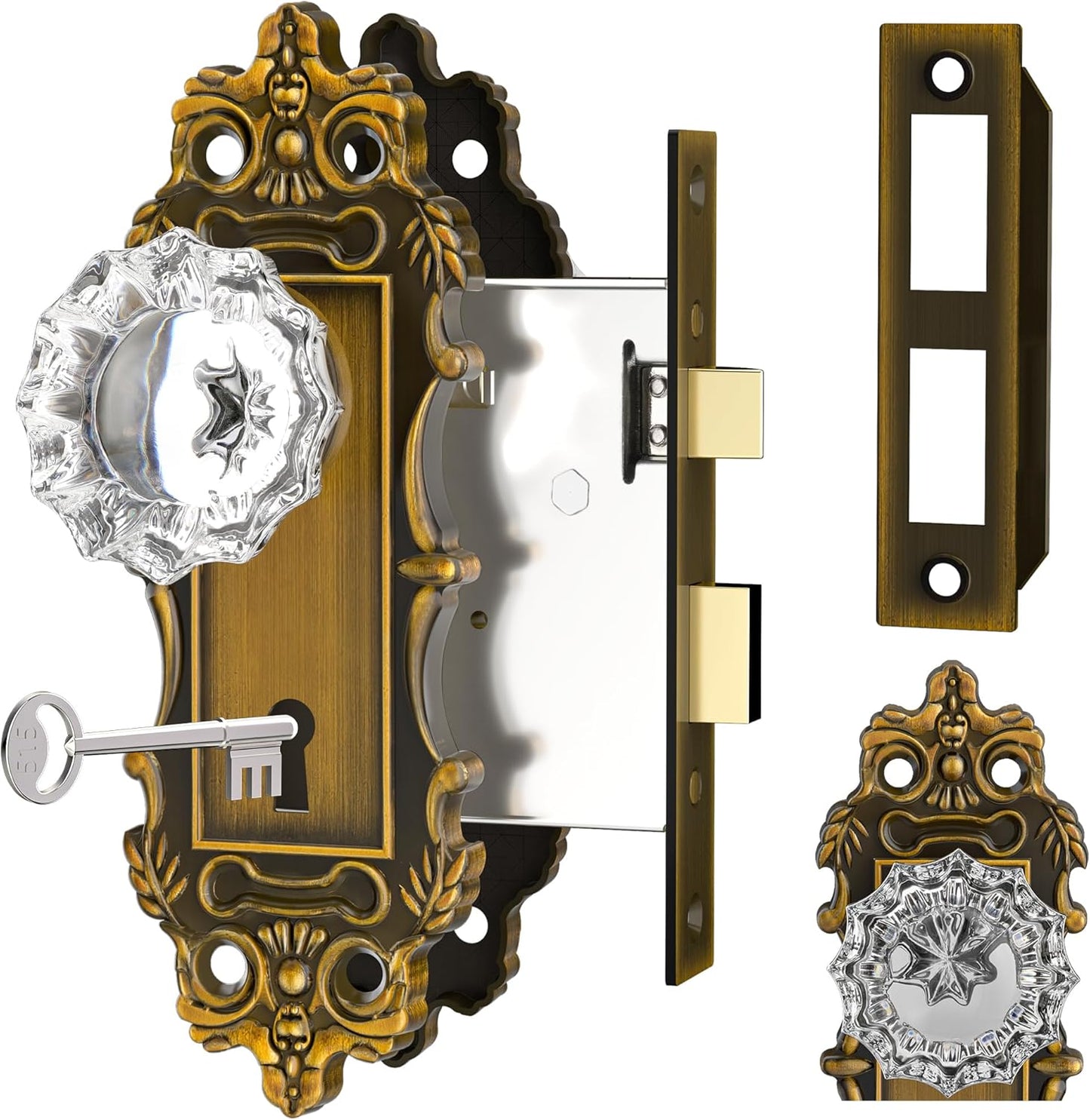 Gold Door Knobs Interior Mortise Lock with Crystal Glass Handle