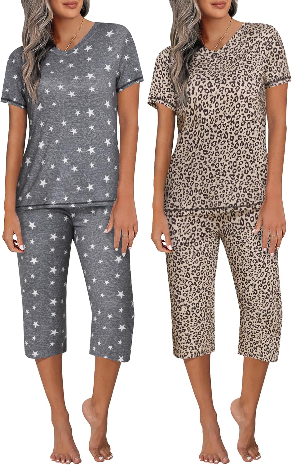 Ekouaer Women's Pajama Sets Short Sleeve Two-Piece Pjs V Neck