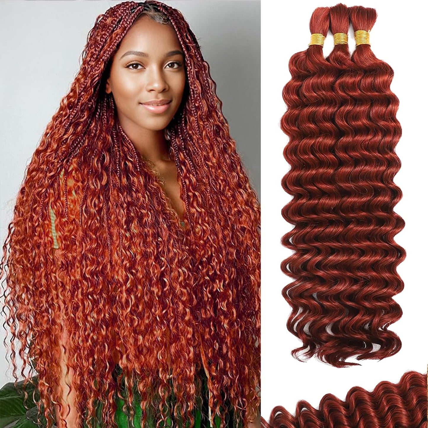 Human Braiding Hair for Boho Braids 20in Deep Wave Copper Color