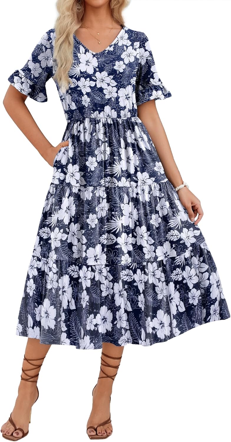 Floral V Neck Ruffle Short Sleeve Midi Dress for Women