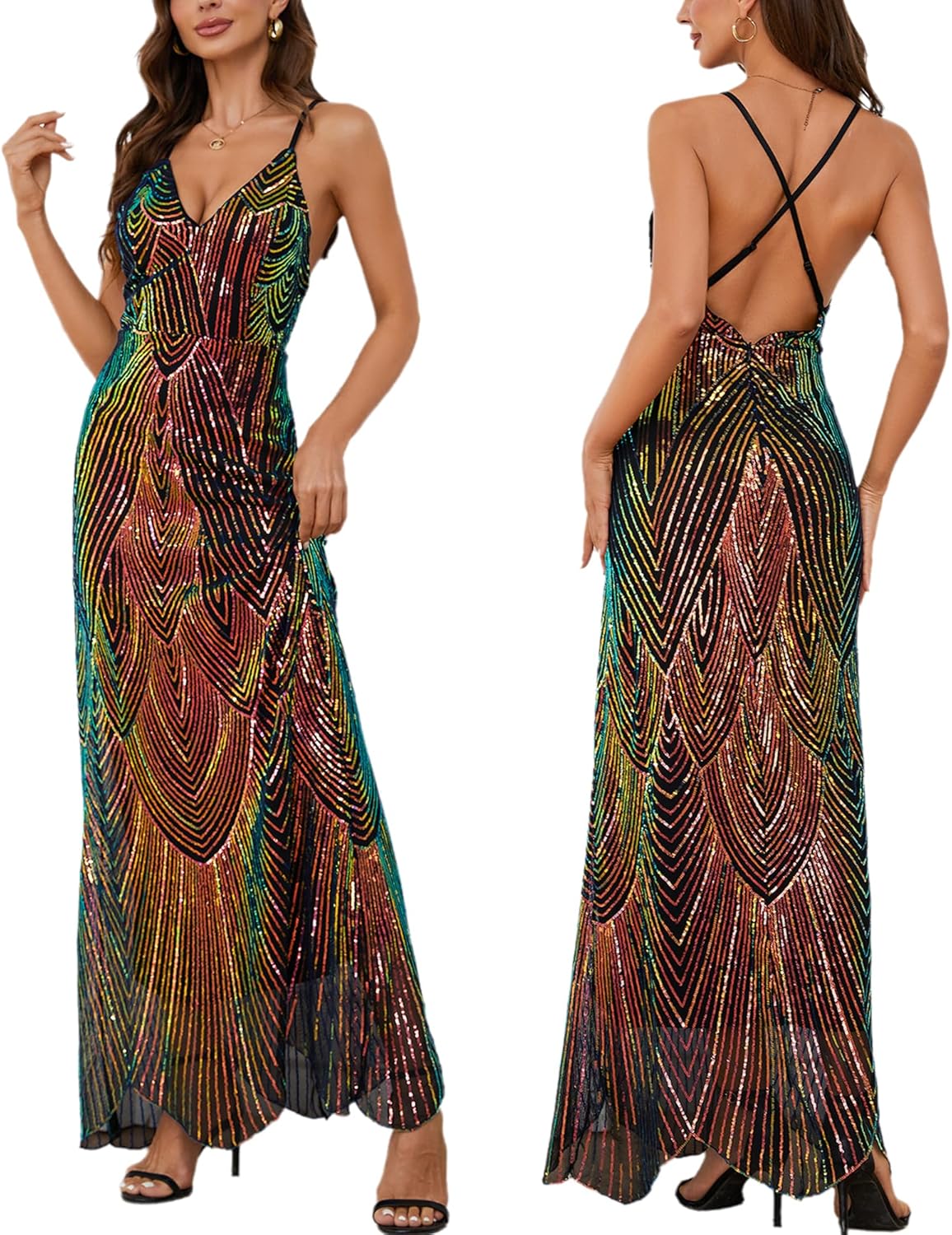 Stunning Women's V Neck Spaghetti Straps Sequin Maxi Dress