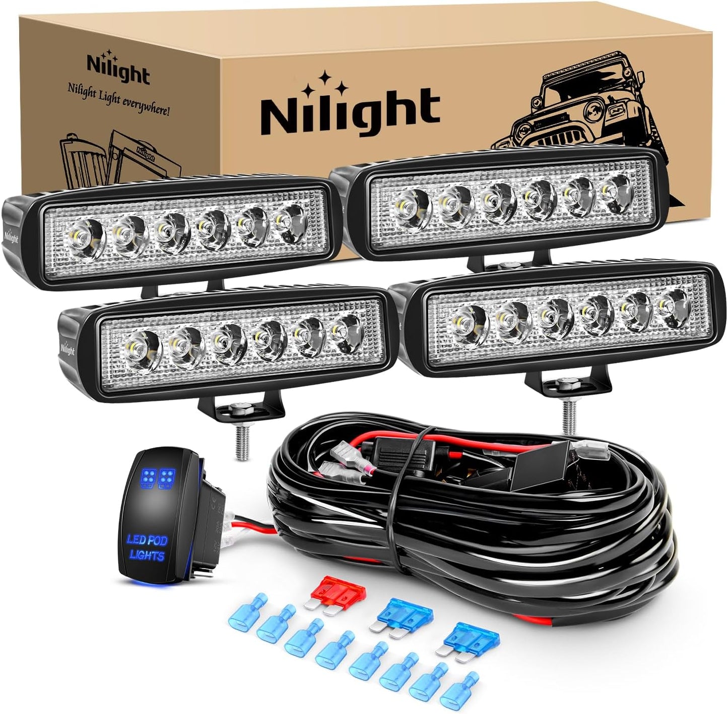 Nilight LED Light Bar 4PCS 18W 6Inch Flood Pods for Offroad Use