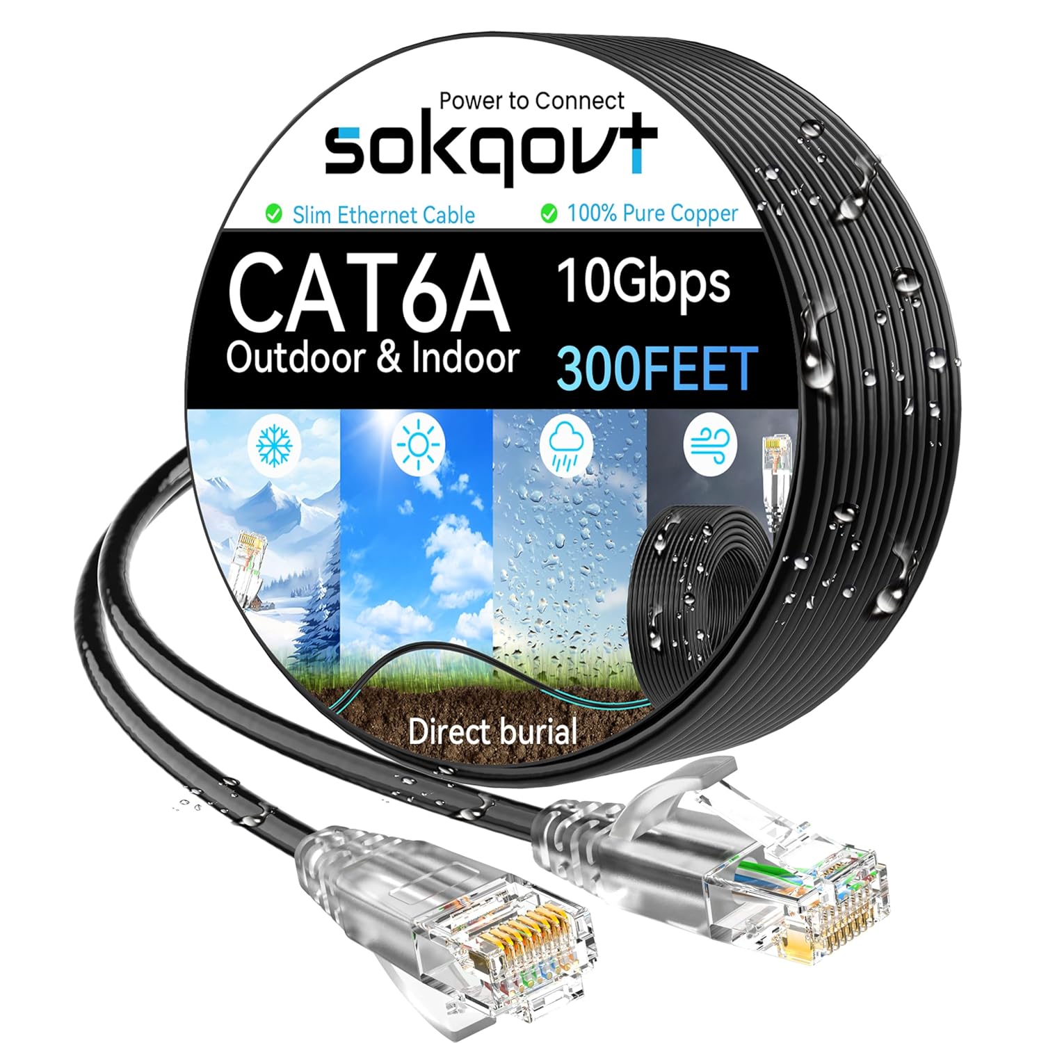 Cat6a Ethernet Cable Slim 300ft for Outdoor and Indoor Use