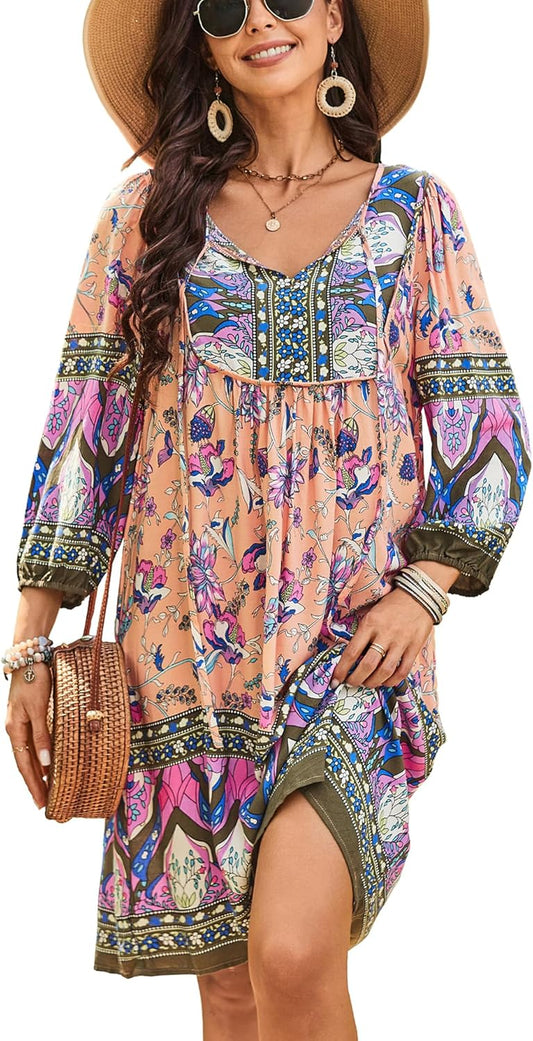 Bluetime Women Casual Summer Dress Boho V Neck Floral Print