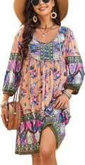 Bluetime Women Casual Summer Dress Boho V Neck 3/4 Sleeve - Flowy easy