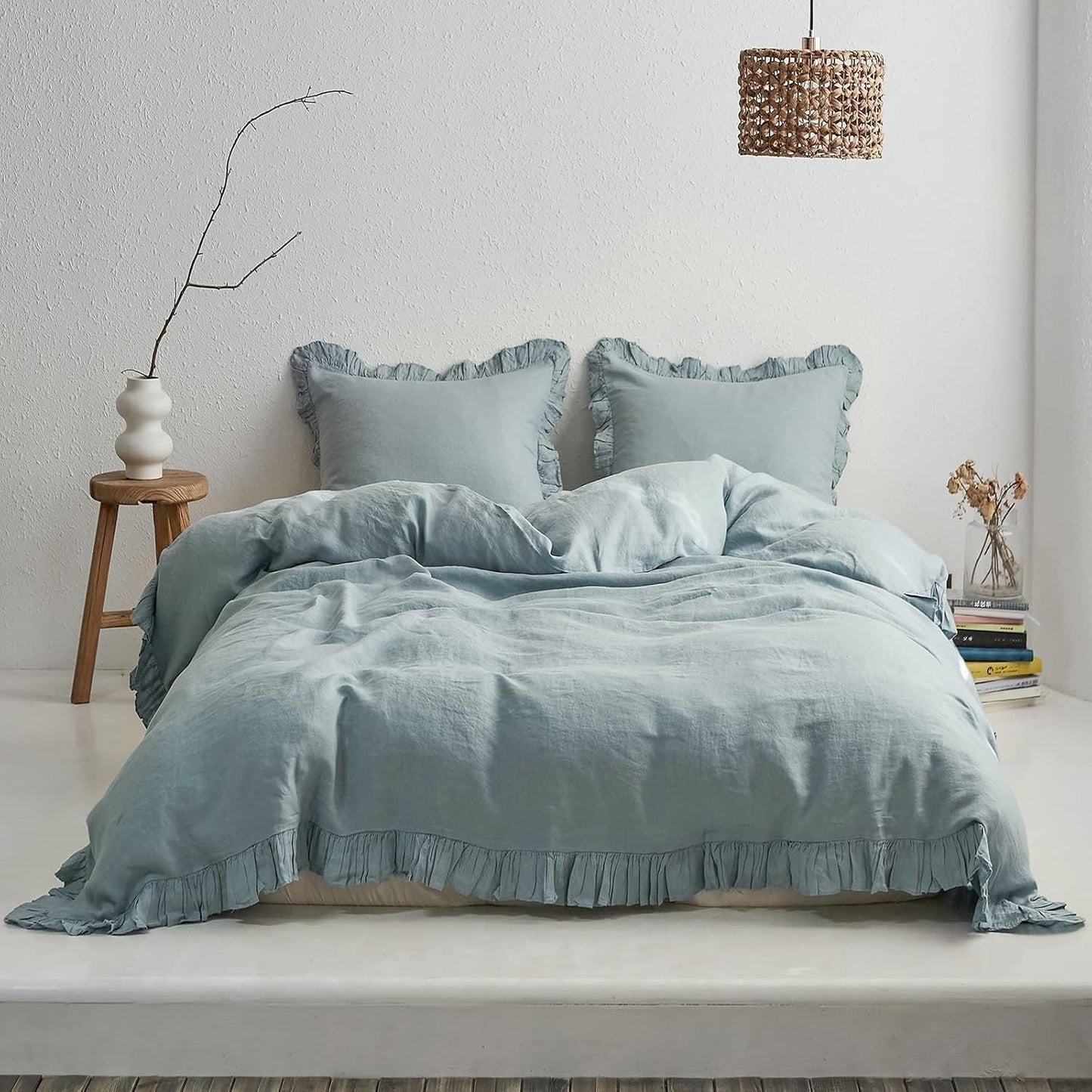 100% Linen Duvet Cover Set King Size with Dusty Blue Ruffle