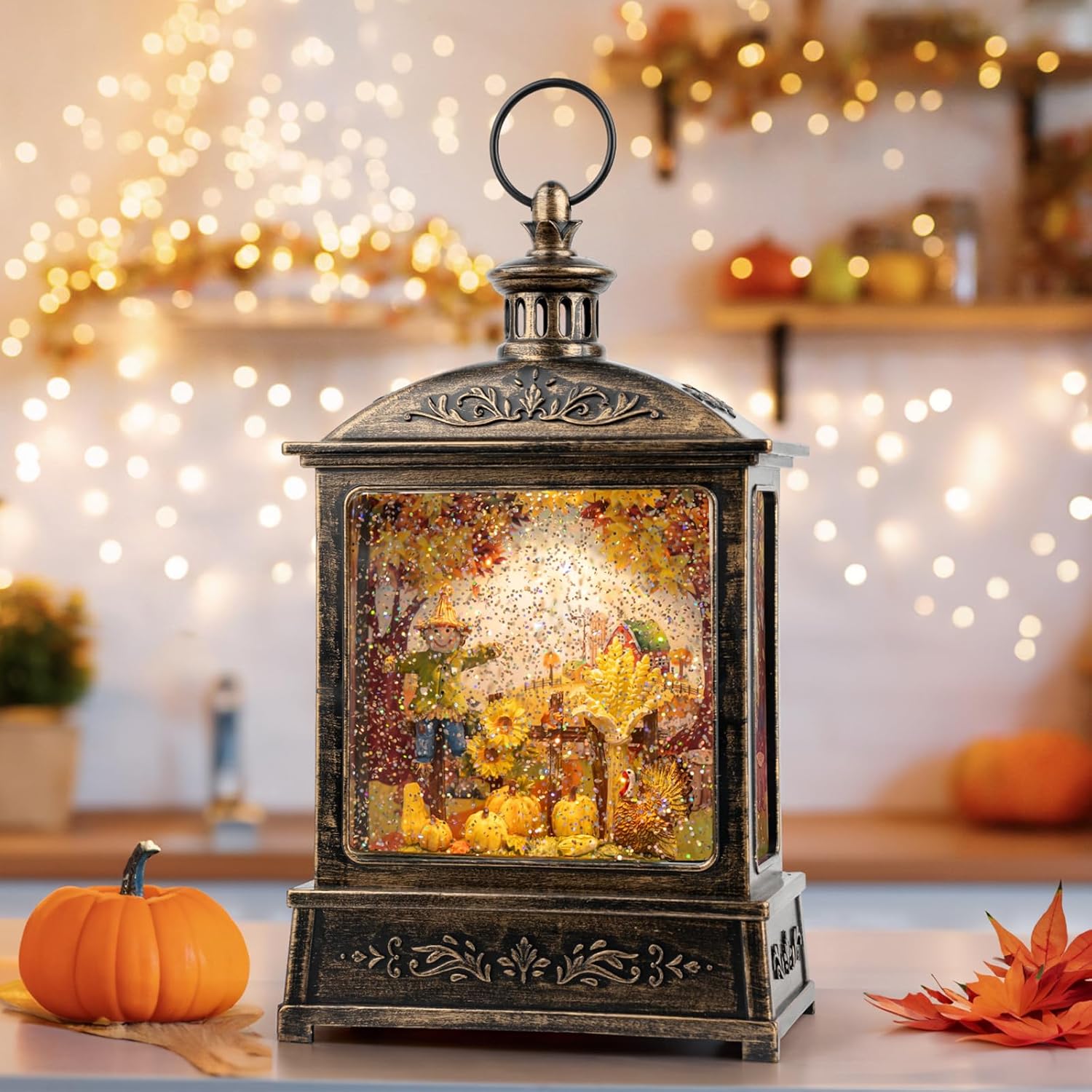 12.5ft' Fall Snow Globe Lantern with Scarecrow and Turkey Decor