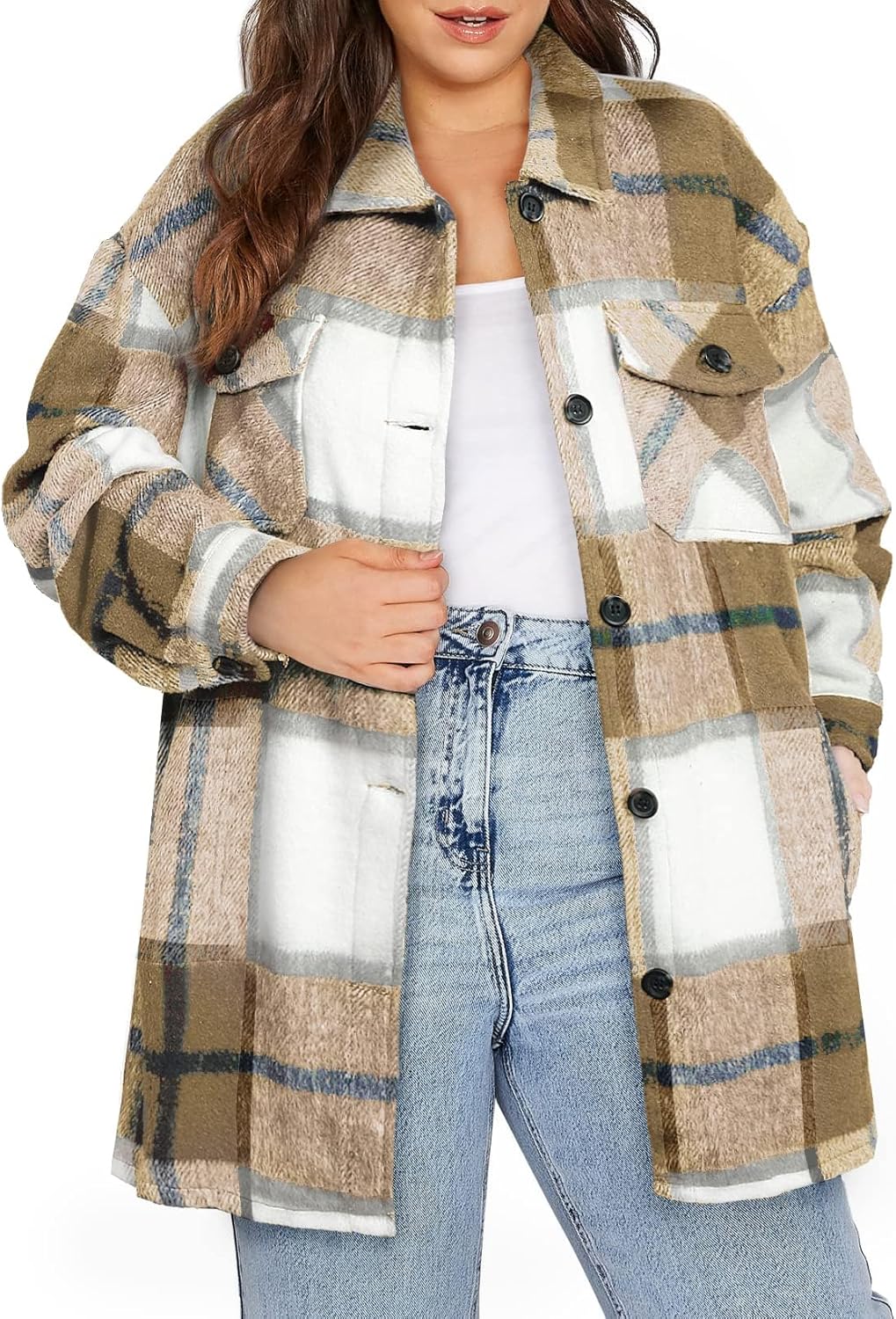 Eytino Womens Plus Size Long Sleeve Button Down Plaid Shacket