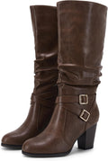 Womens Mid Knee High Chunky Heel Slouchy Boots - Buckle Zip