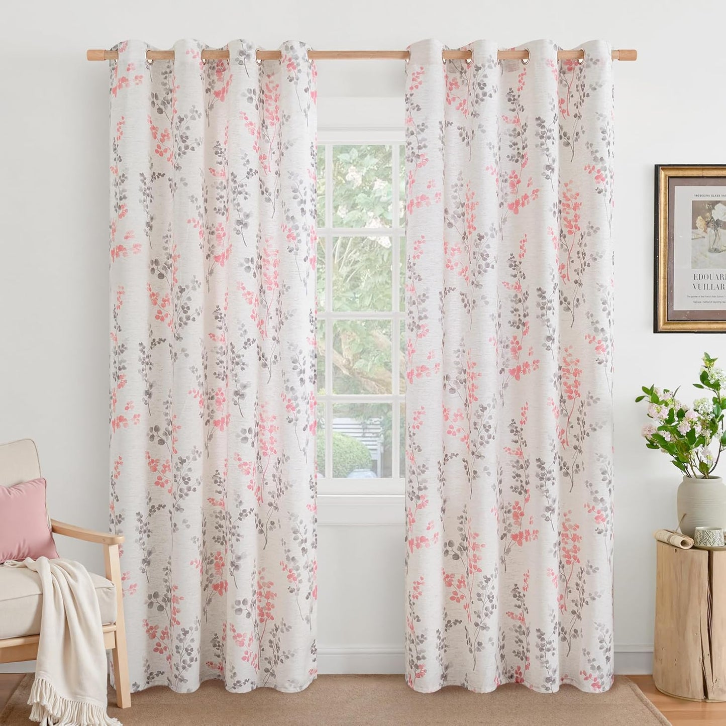 BGment Pink Floral Curtains for Girls Room - Elegant Linen Drapes