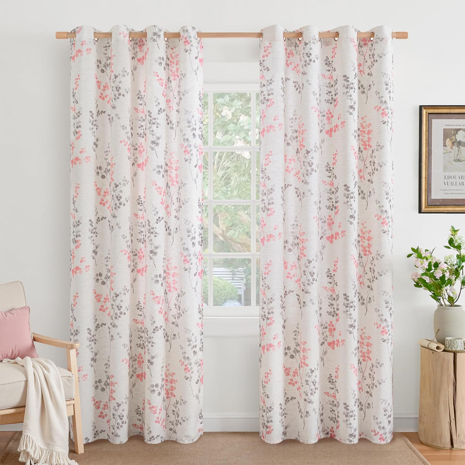 BGment Pink Floral Curtains for Girls Room - Elegant Linen Drapes