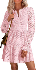 PRETTYGARDEN Long Sleeve Mini Dress Eyelet V Neck A-Line - Elegant