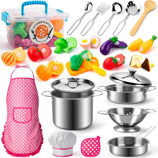 Kids Chef Set with Stainless Steel Cookware - Fun Learning Toy Set