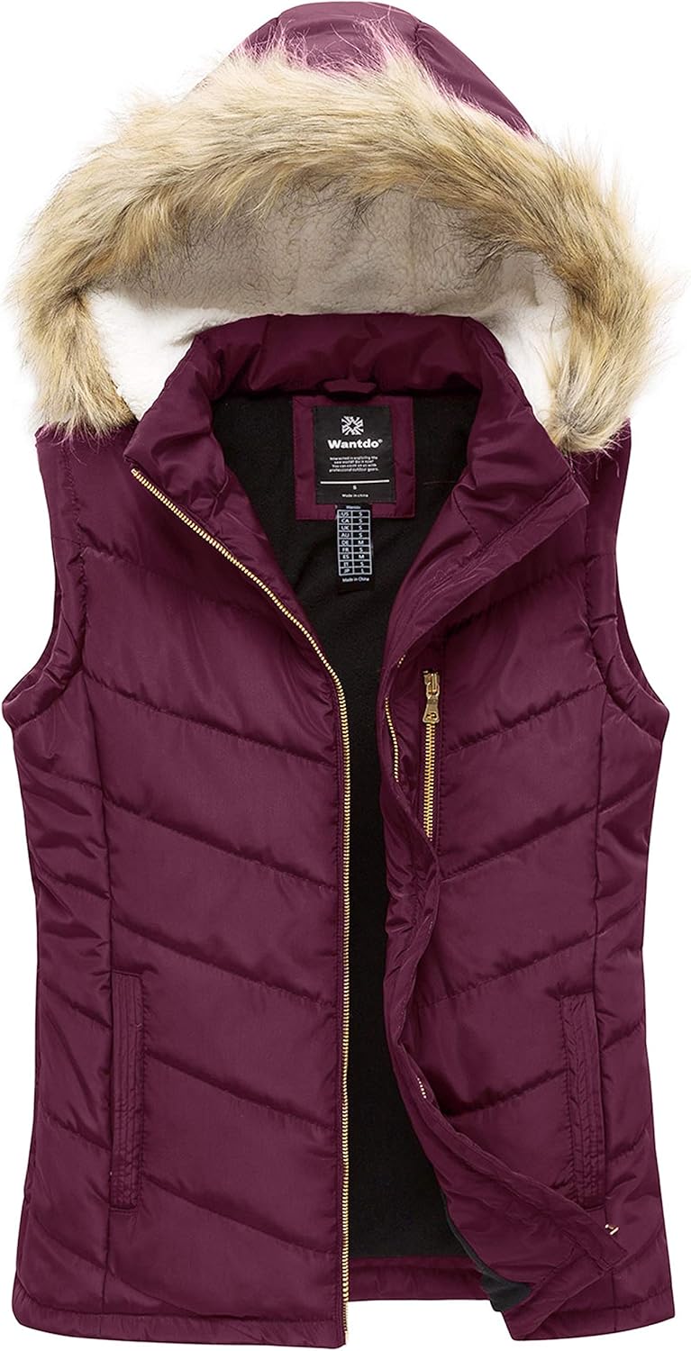 Wantdo Women's Thicken Winter Vest with Removable Fur Hood