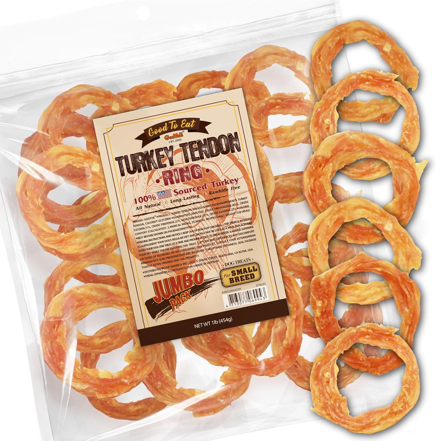 Gootoe Turkey Tendon Dog Treats for Small Dogs, 1 lb Bag