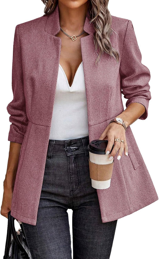 ELLEVEN Womens Open Front Herringbone Blazer for Work Style