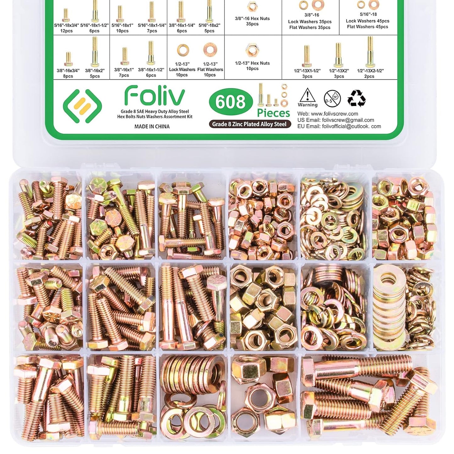 FOLIV 608pcs Grade 8 Bolts and Nuts Assortment Kit for Heavy Duty