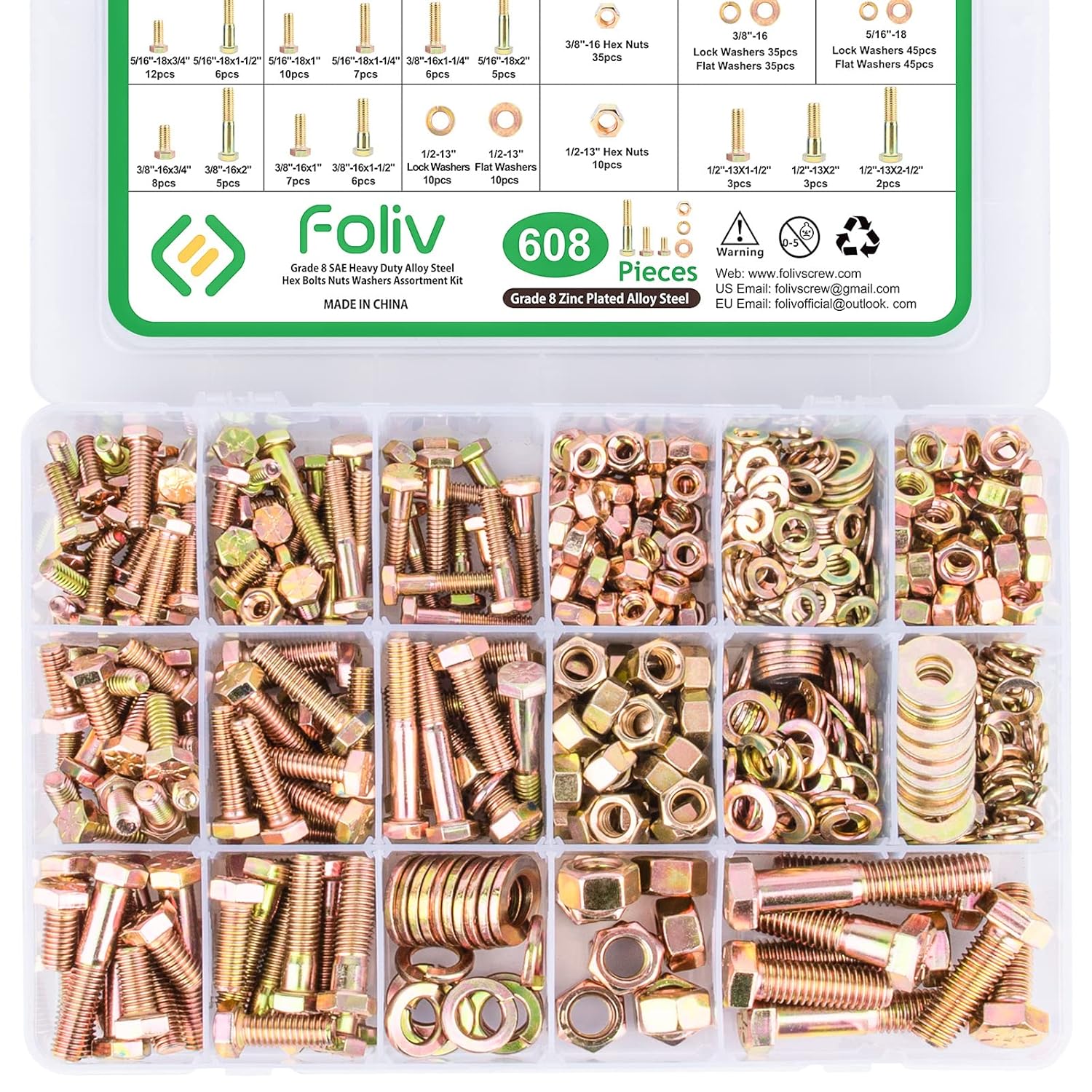FOLIV 608pcs Grade 8 Bolts and Nuts Assortment Kit for Heavy Duty