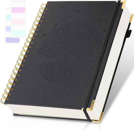 Premium Leather Spiral Notebook: 300pgs, B5, 24 Tabs, Embossed - Amanple