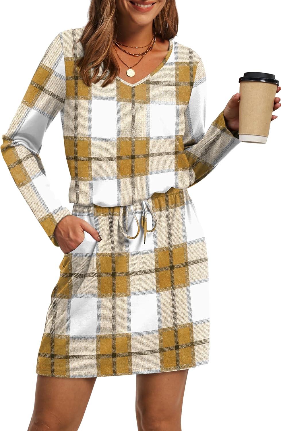 OFEEFAN Fall Dresses for Women - Casual V Neck Long Sleeve Style
