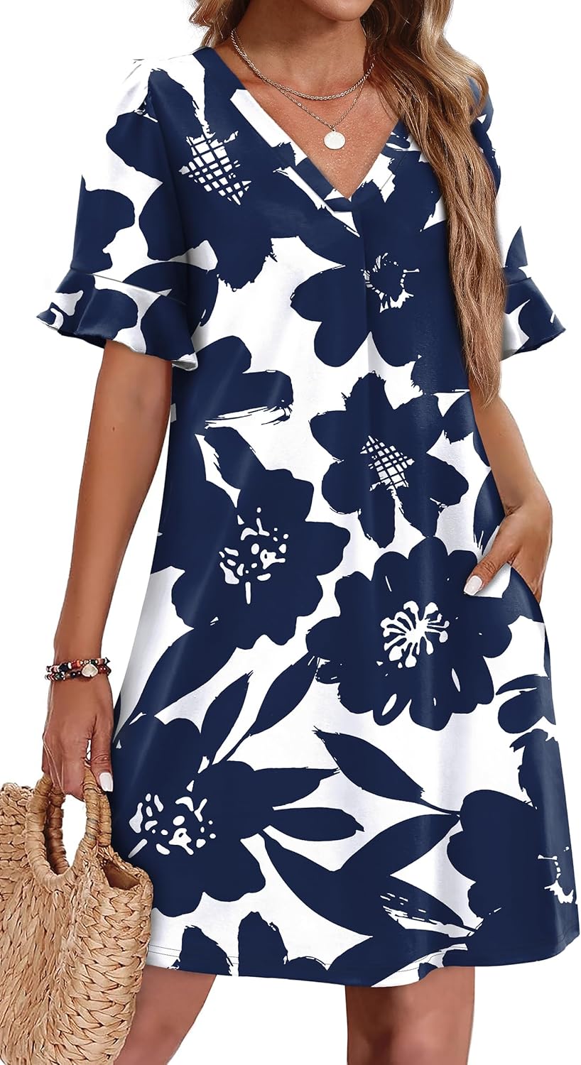 OFEEFAN Summer Dresses for Women with Ruffle Short Sleeves
