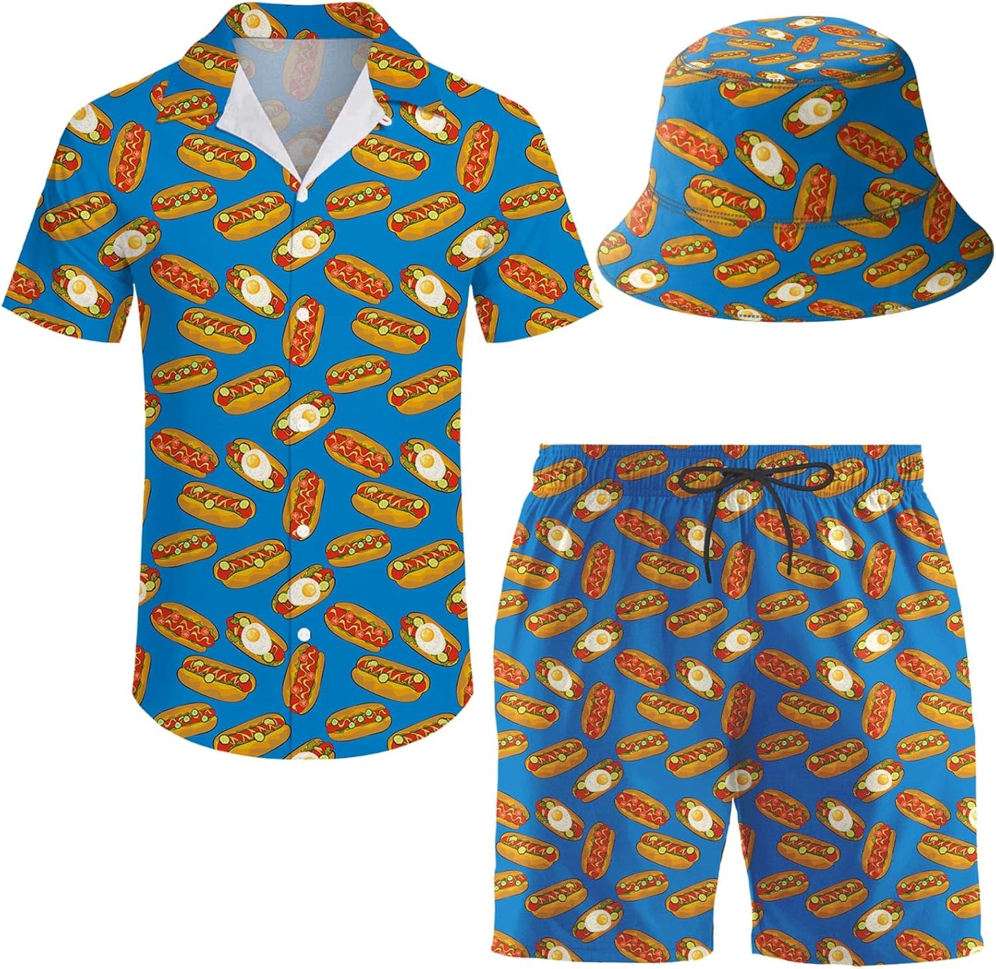 Men's Hawaiian Shirt and Shorts Set with Bucket Hat for Summer