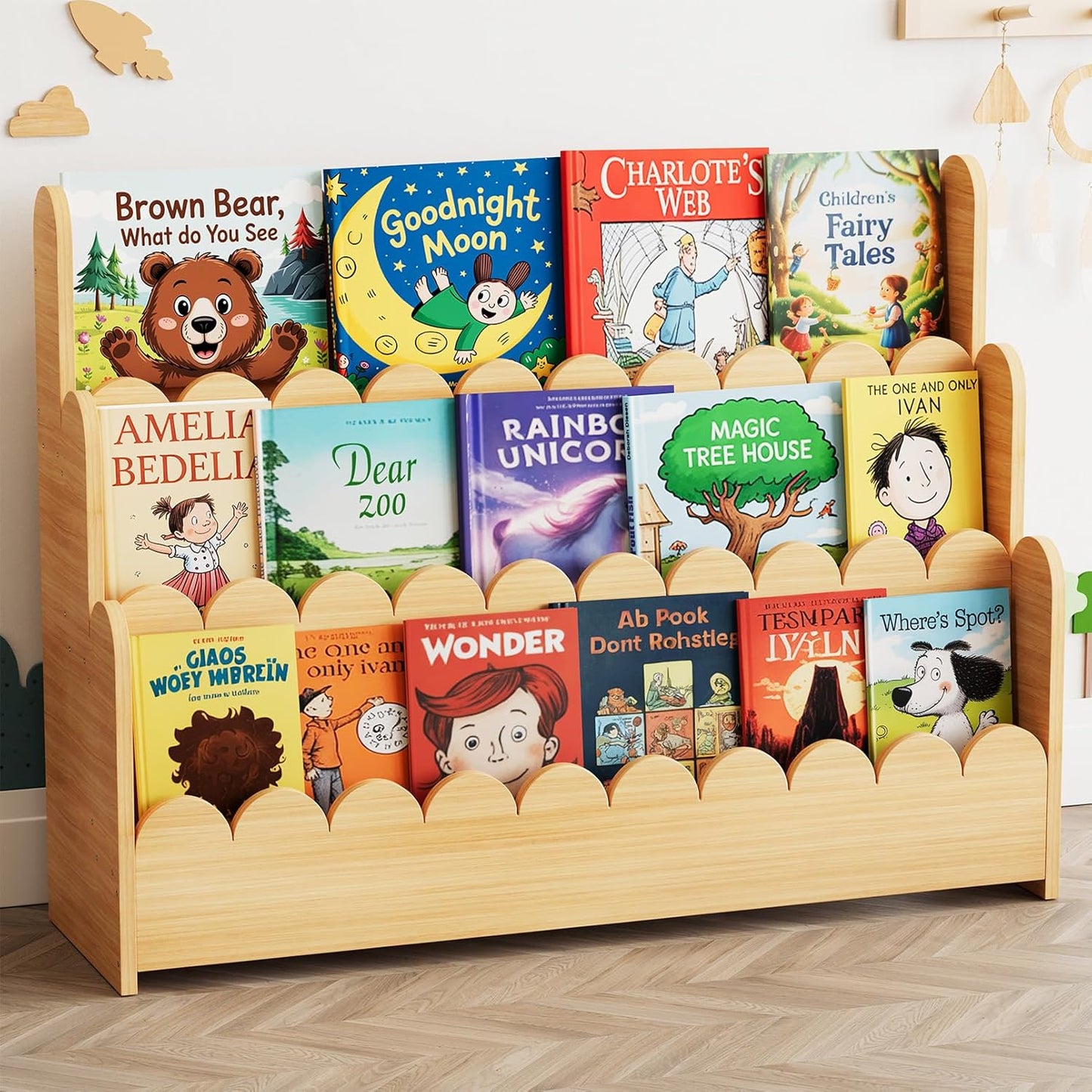 Montessori 3-Tier Scalloped Bookshelf for Kids Rooms and Playrooms