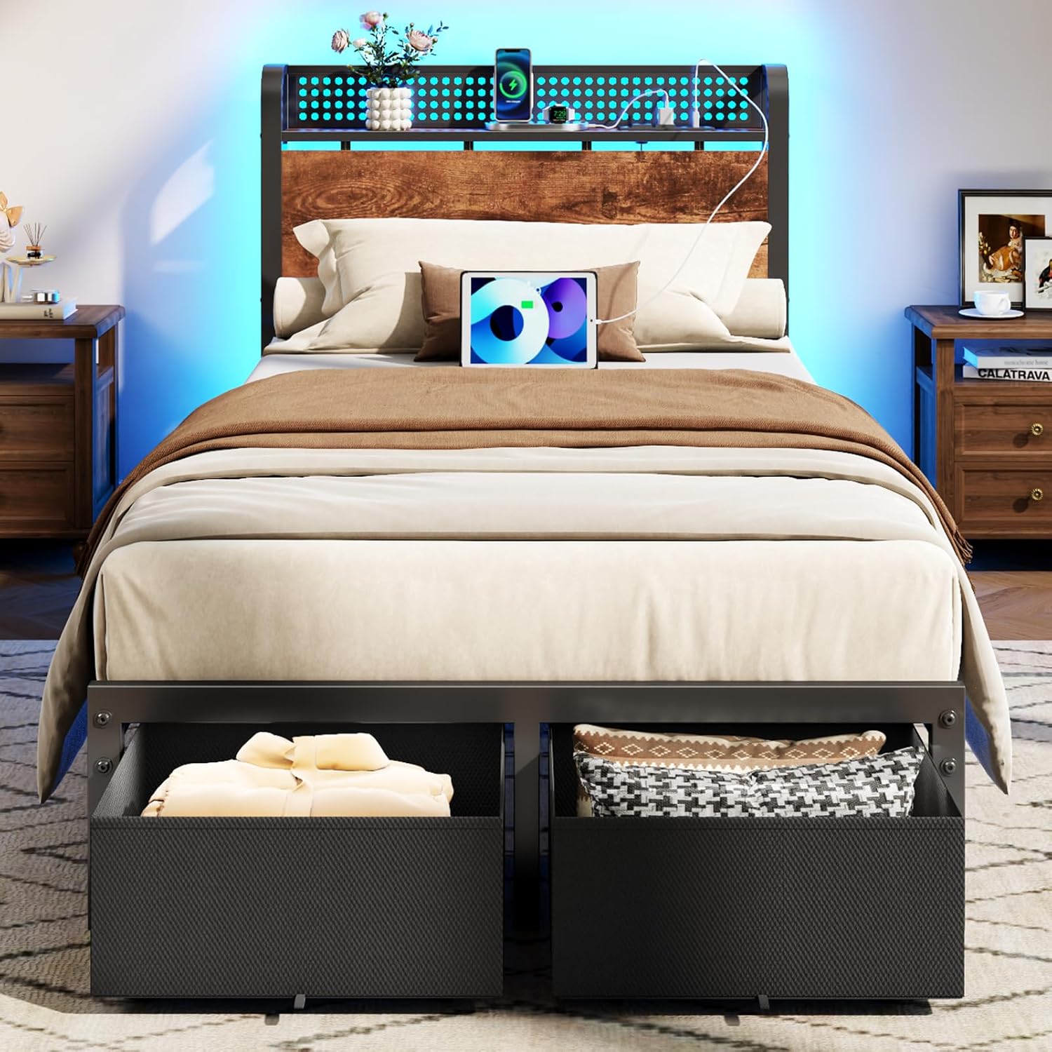 Furnulem Twin Bed Frame with Storage Drawers & LED Lights