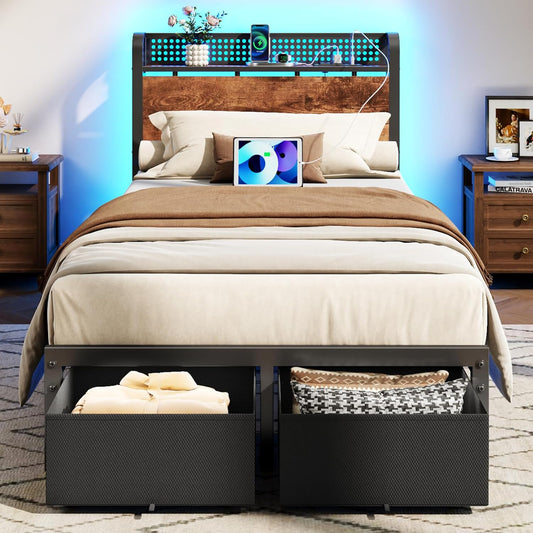 Furnulem Twin Bed Frame with Storage Drawers & LED Lights
